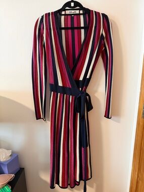 DVF Long Sleeve Wrap Dress - Navy, Pink & Cream Stripe
